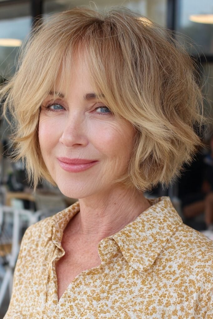 Tousled Golden Blonde Bob with Wispy Bangs
