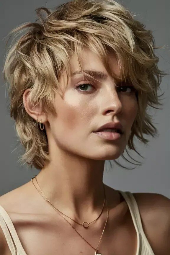 Tousled Golden Blonde Shaggy Bob with Side-Swept Bangs