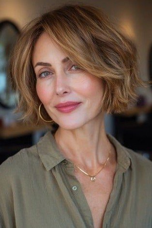 Tousled Golden Brown Bob with Side-Swept Fringe