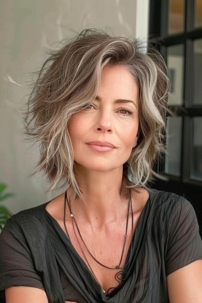 Tousled Grey Bob with Face-Framing Highlights