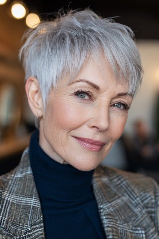 Tousled Grey Pixie with Side-Swept Bangs
