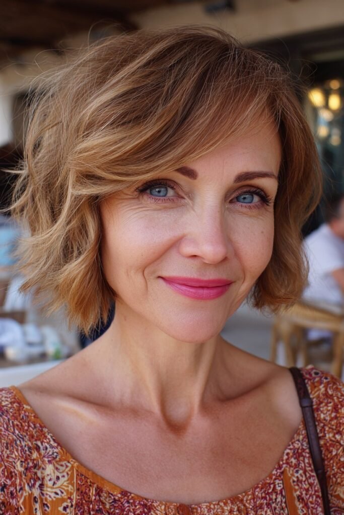 Tousled Honey Blonde Bob with Side-Swept Layers