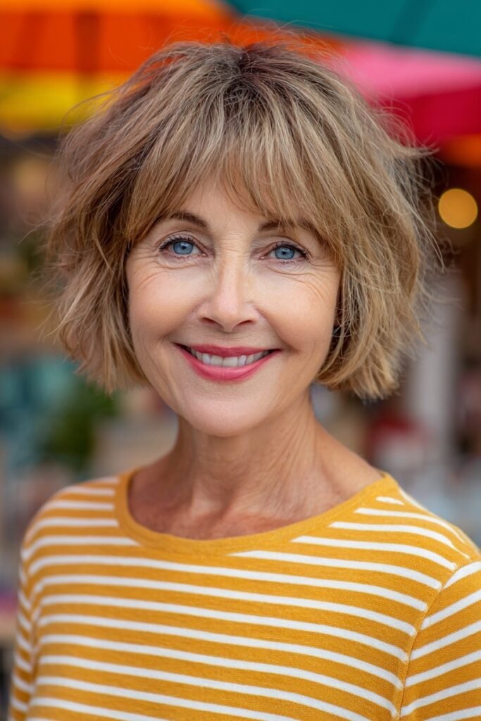 Tousled Honey Blonde Bob with Soft Bangs