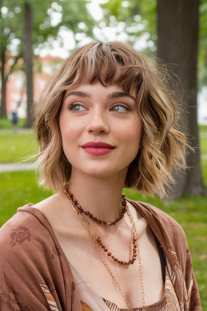 Tousled Honey Blonde Shag with Short Textured Bangs