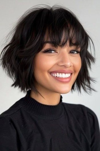 Tousled Jet Black Bob with Full Textured Bangs