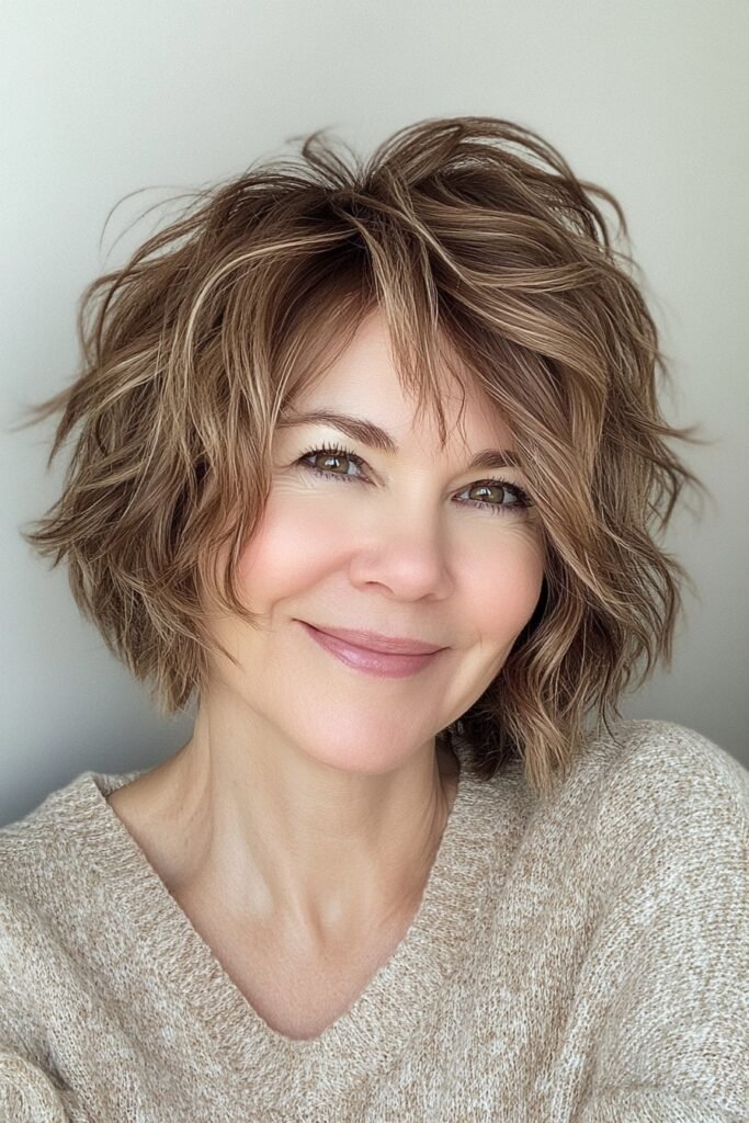 Tousled Layered Bob with Caramel Highlights and Bangs