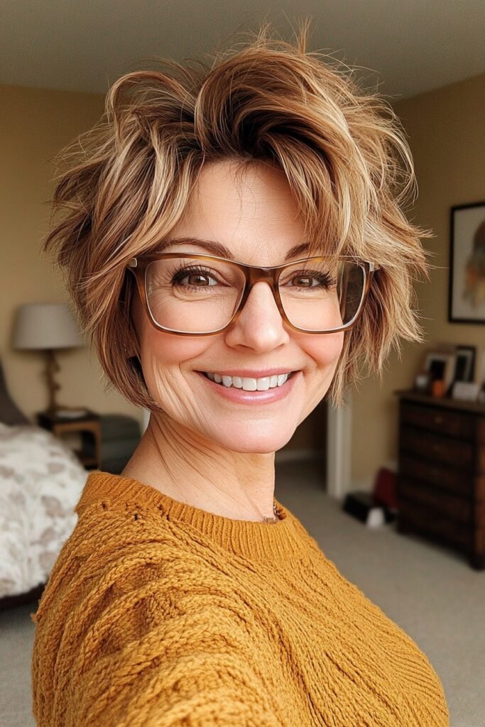 Tousled Layered Bob with Warm Highlights and Bangs