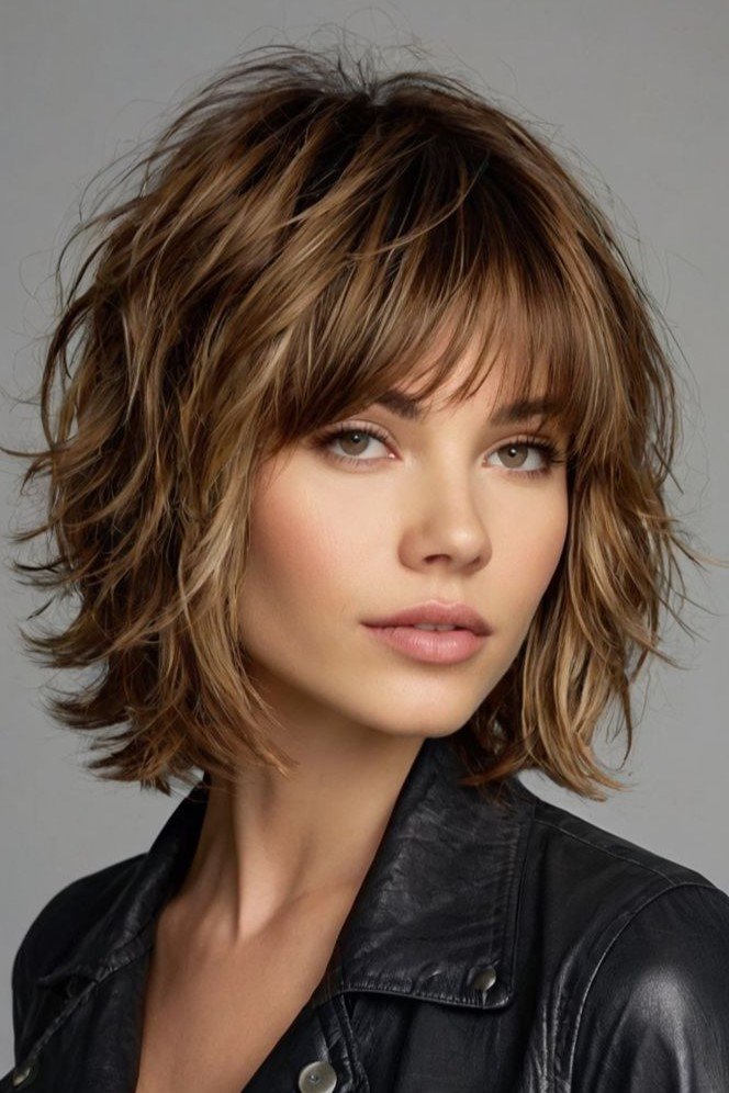Tousled Layered Bob with Wispy Bangs