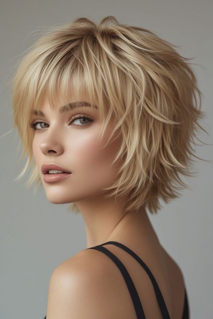 Tousled Layered Shag Bob with Soft Bangs