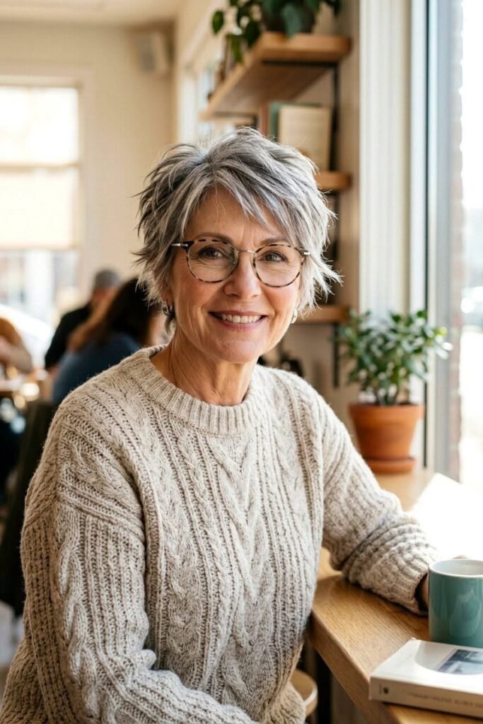 Tousled Layered Silver Shag with Glasses