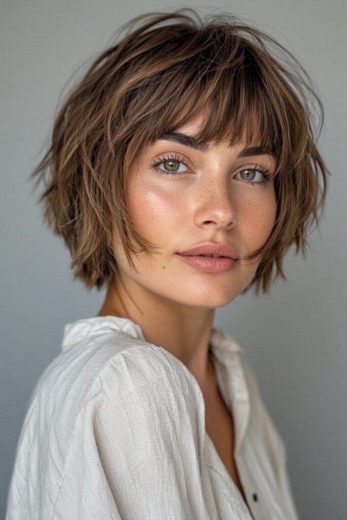 Tousled Light Brown Bob with Textured Bangs