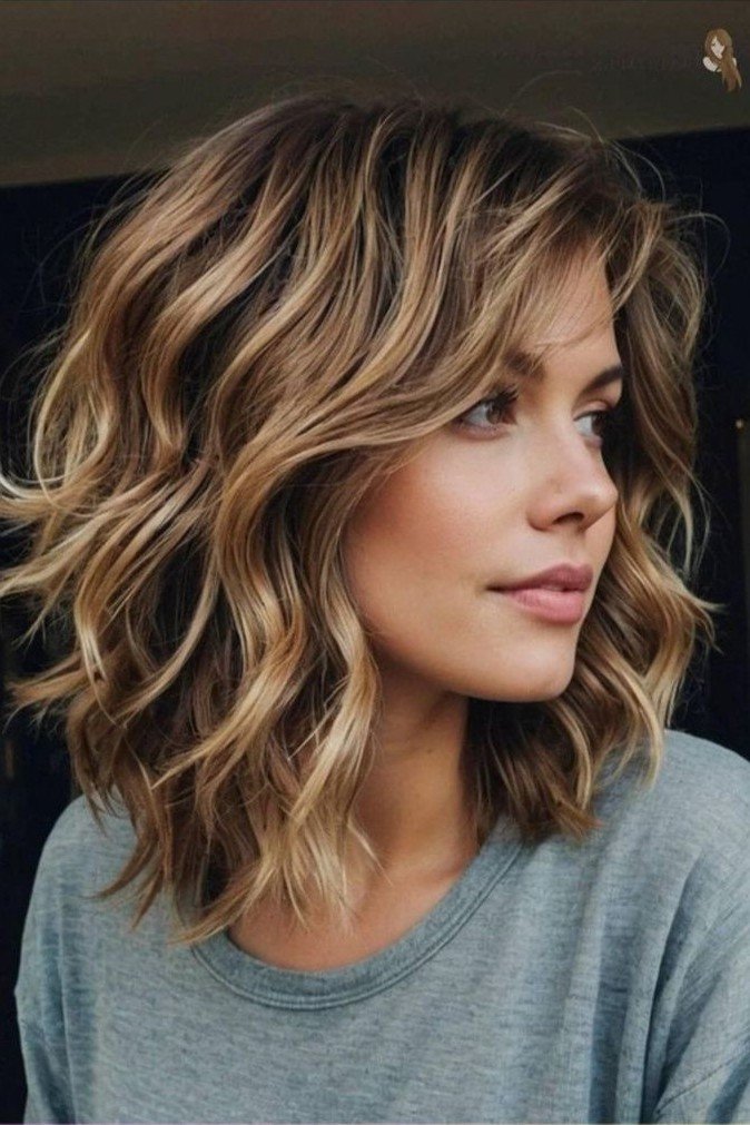 Tousled Medium-Length Waves with Side-Swept Bangs