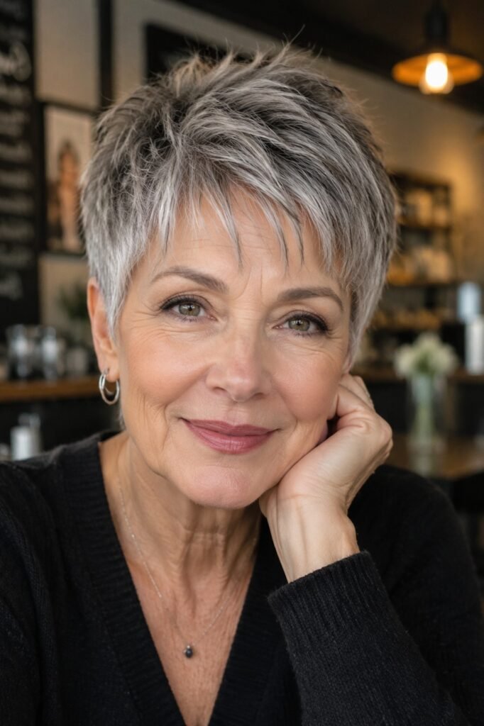 Tousled Pixie Cut with Side-Swept Silver Layers