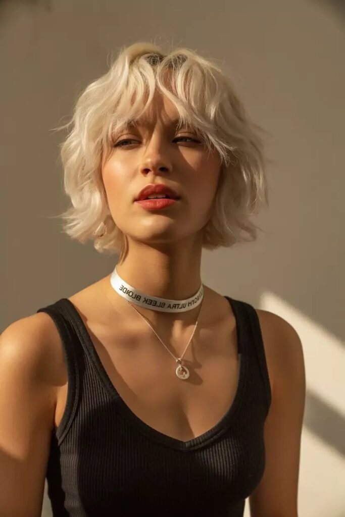 Tousled Platinum Blonde Bob with Soft Bangs