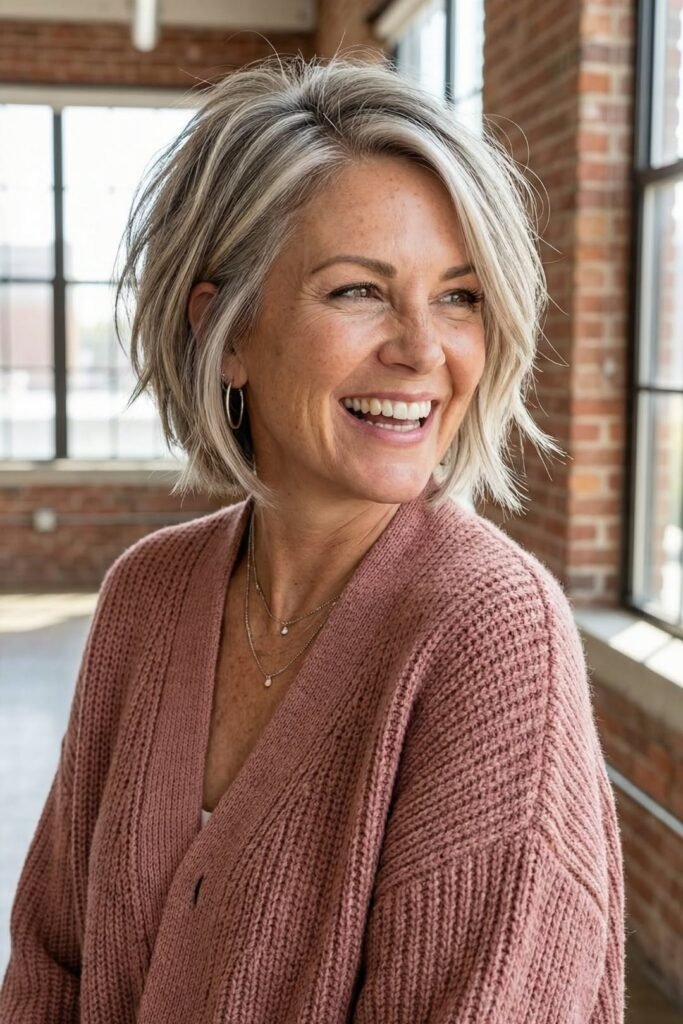 Tousled Salt-and-Pepper Layered Bob