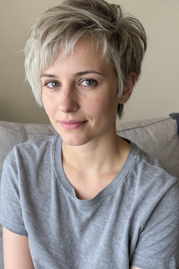 Tousled Short Blonde Cut with Wispy Bangs
