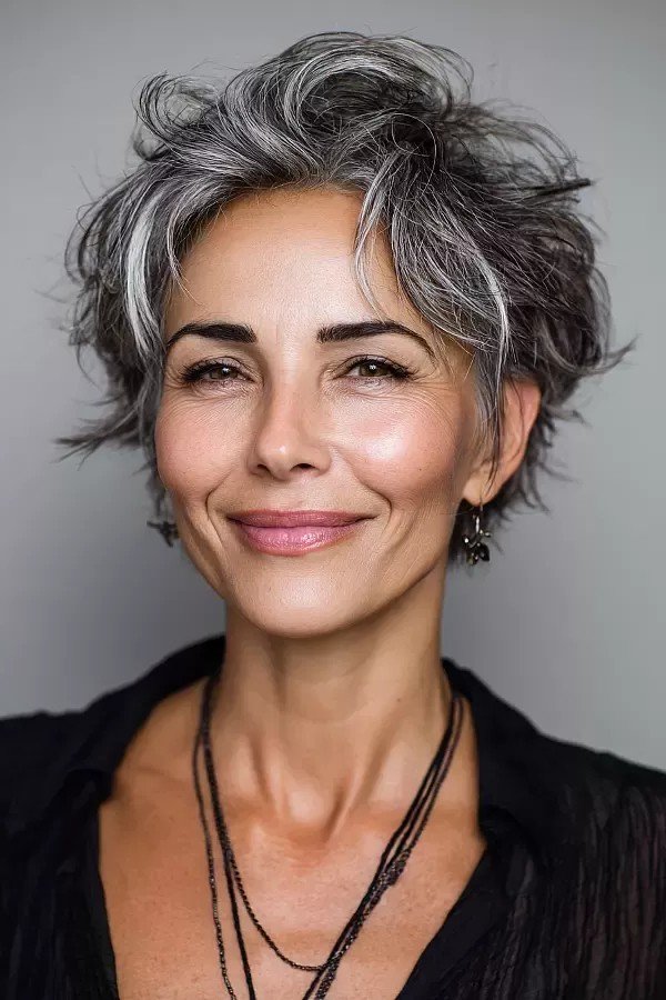 Tousled Short Crop with Face-Framing Silver Highlights