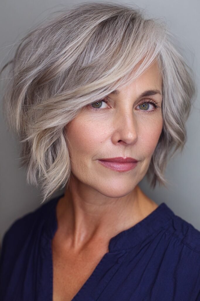 Tousled Silver Bob with Deep Side Part