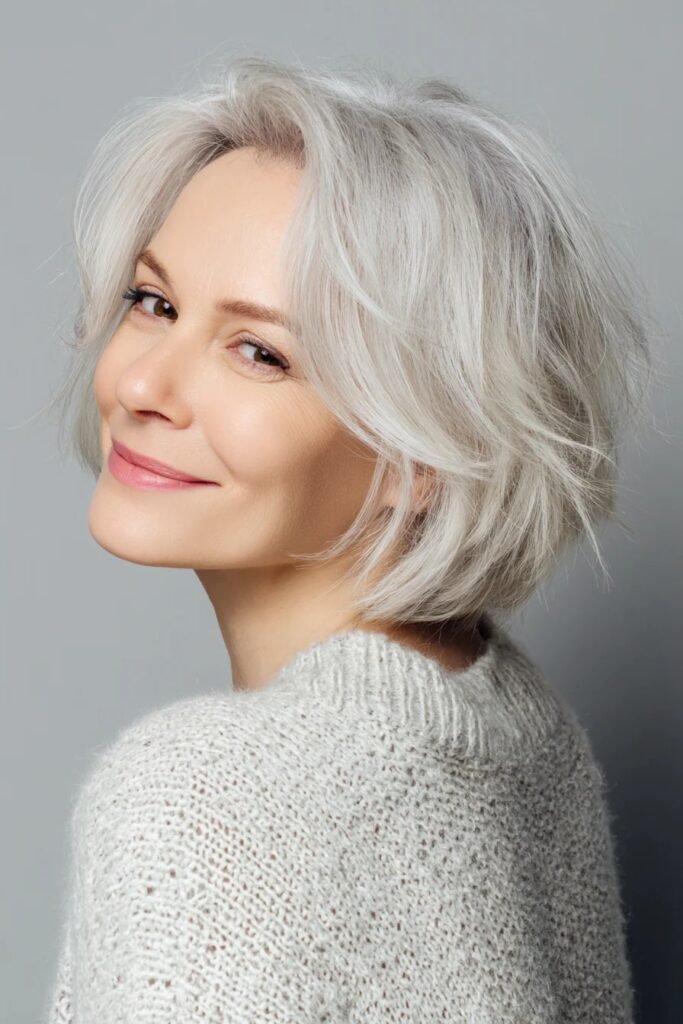 Tousled Silver Bob with Soft Face-Framing Layers