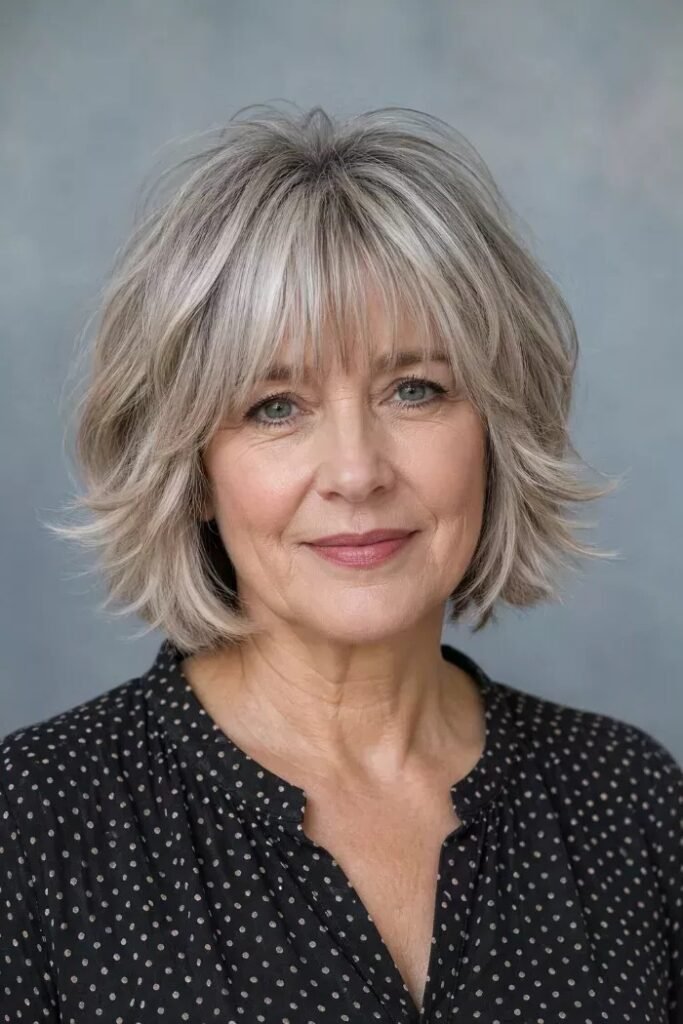 Tousled Silver-Grey Bob with Soft Fringe