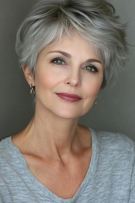 Tousled Silver Layered Pixie