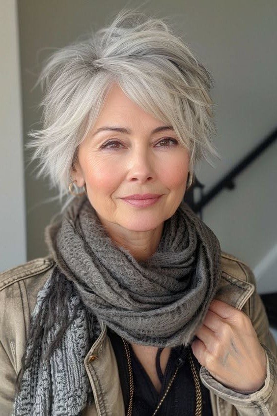 Tousled Silver Pixie Cut with Soft Fringe