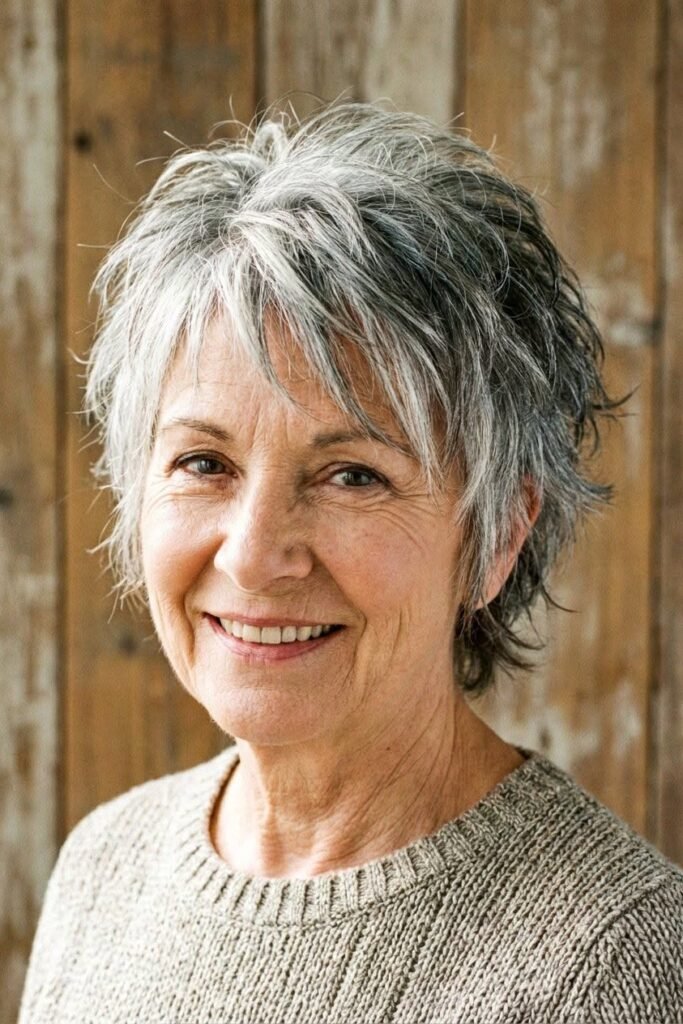 Tousled Silver Pixie with Layered Crown Volume