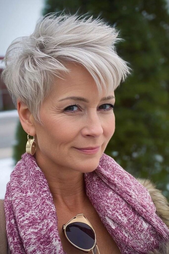 Tousled Silver Pixie with Side-Swept Fringe