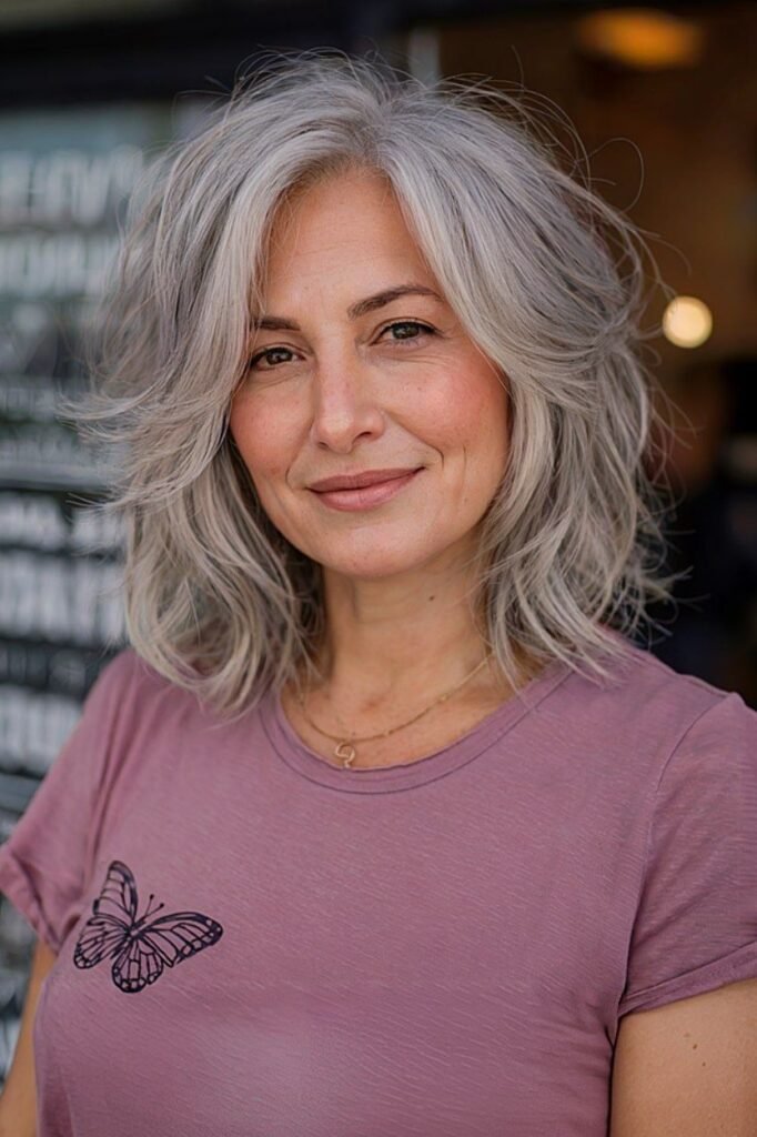 Tousled Silver Shag with Side-Swept Layers