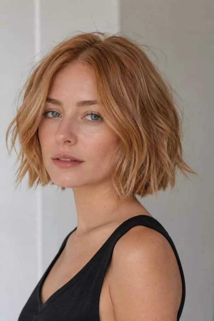 Tousled Warm Blonde Bob with Beach Waves