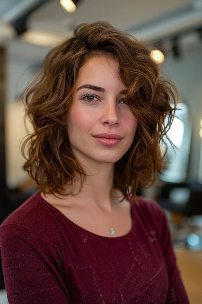 Tousled Warm Brown Wavy Bob with Side-Swept Volume