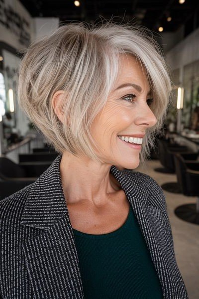 Tucked Textured Ash Blonde Bob with Side Part