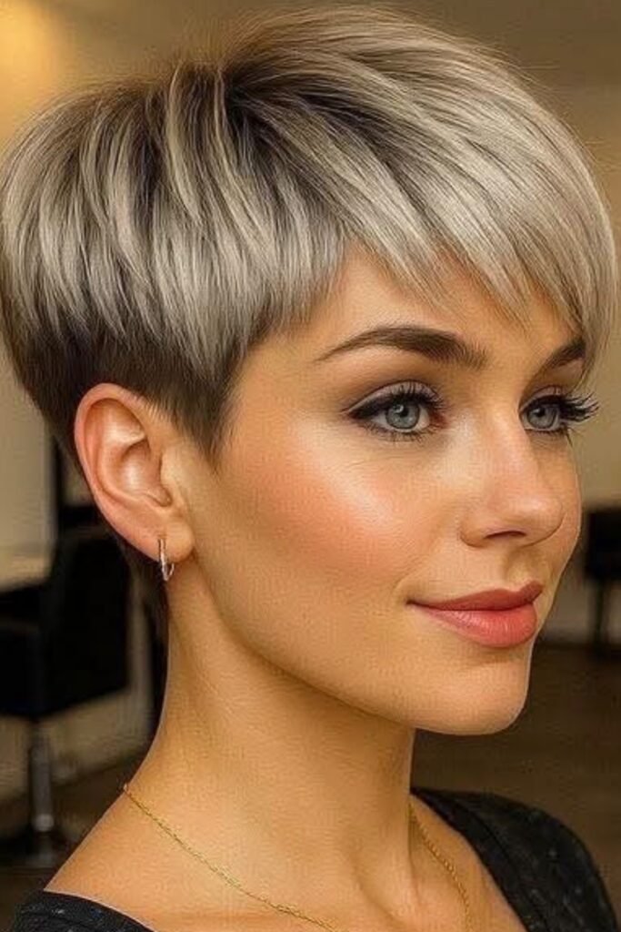 Two-Tone Silver and Brown Pixie Cut with Sleek Finish