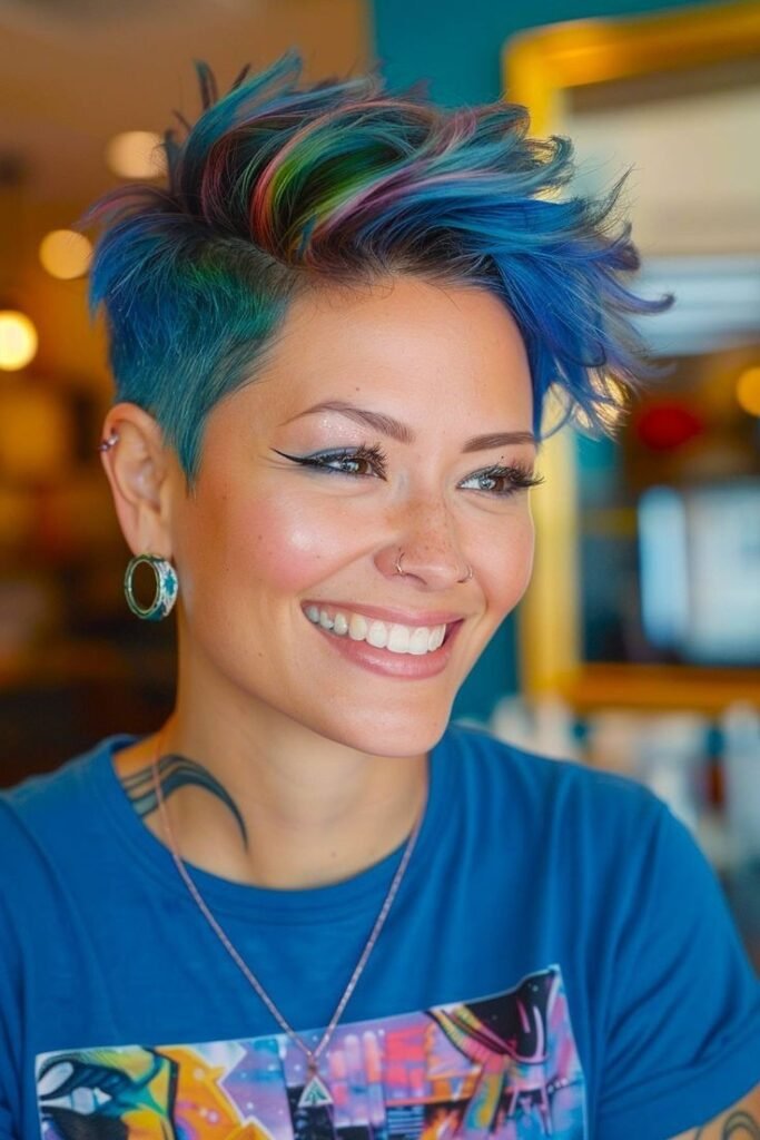 Vibrant Blue and Multi-Color Spiky Pixie Cut