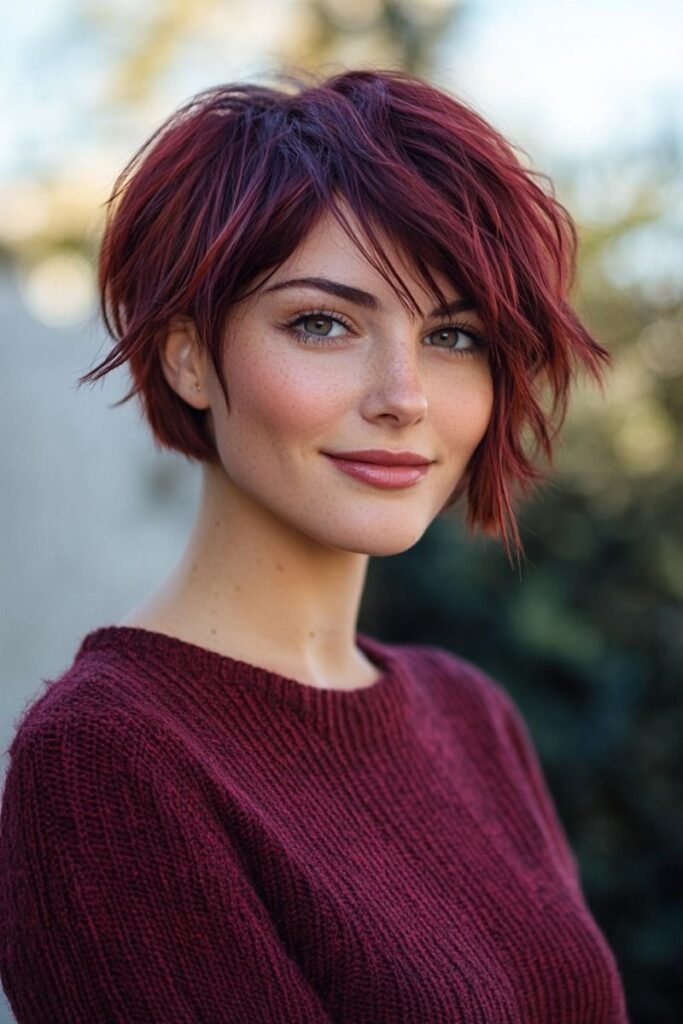 Vibrant Burgundy Textured Shag with Side-Swept Bangs