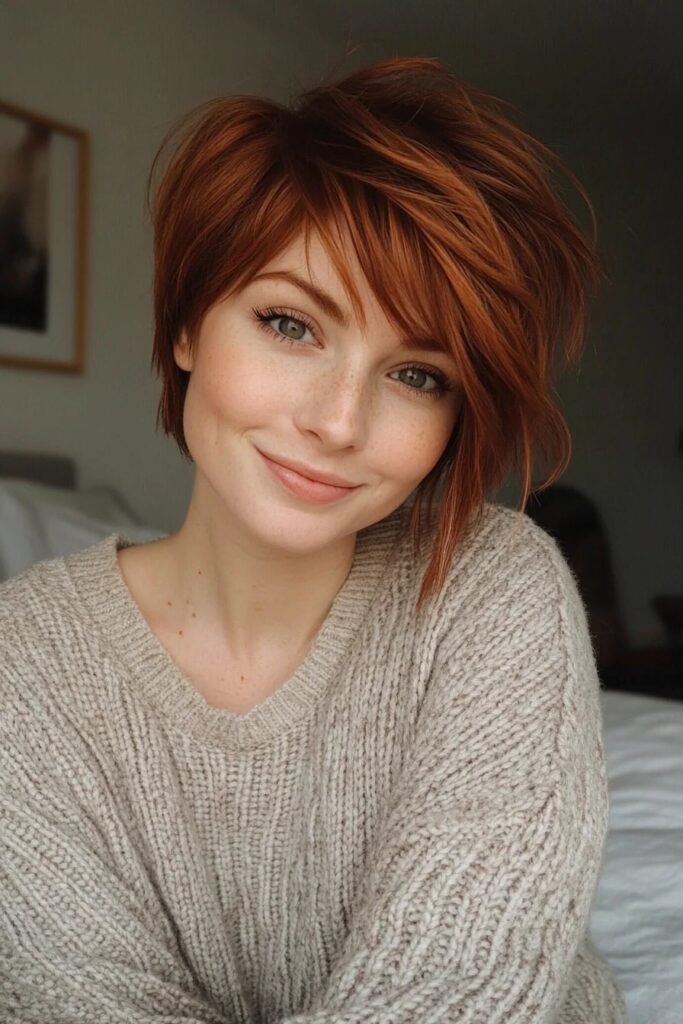 Vibrant Copper Layered Pixie with Face-Framing Pieces