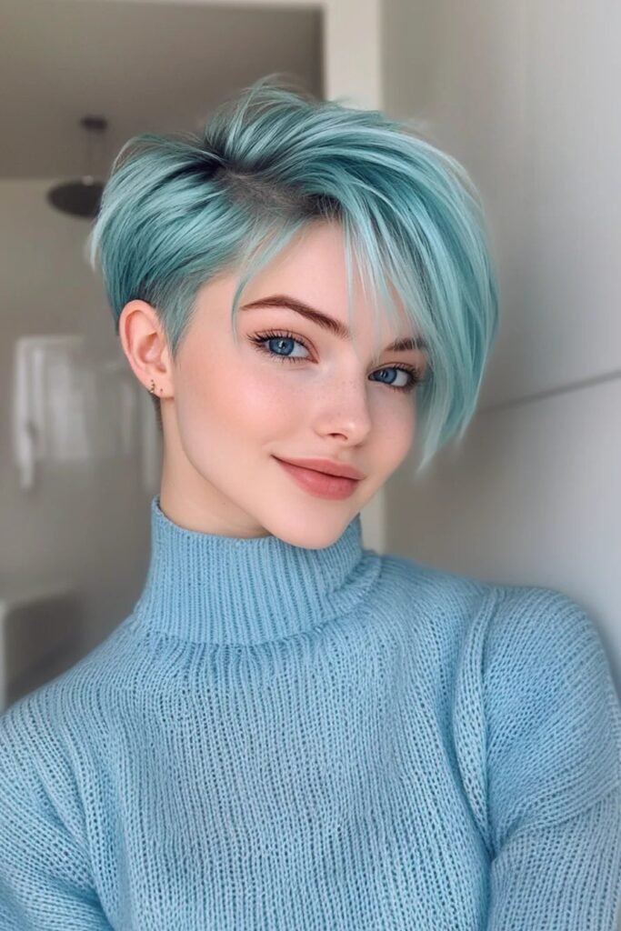 Vibrant Pastel Blue Pixie Cut with Long Side Swept Bangs