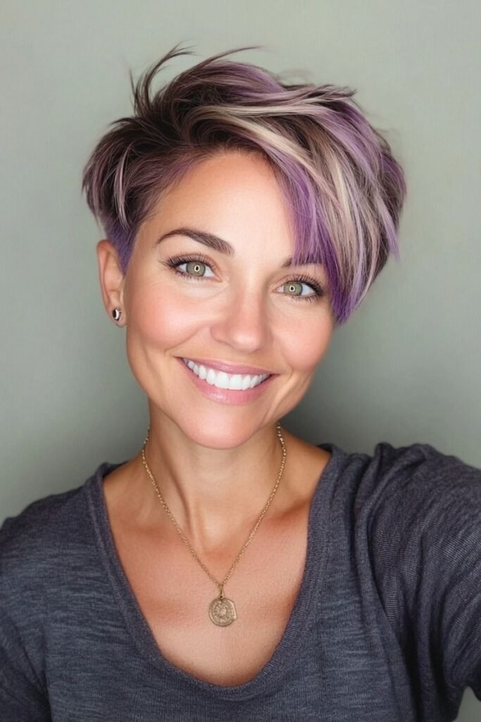 Vibrant Pixie Cut with Purple Highlights and Side-Swept Fringe