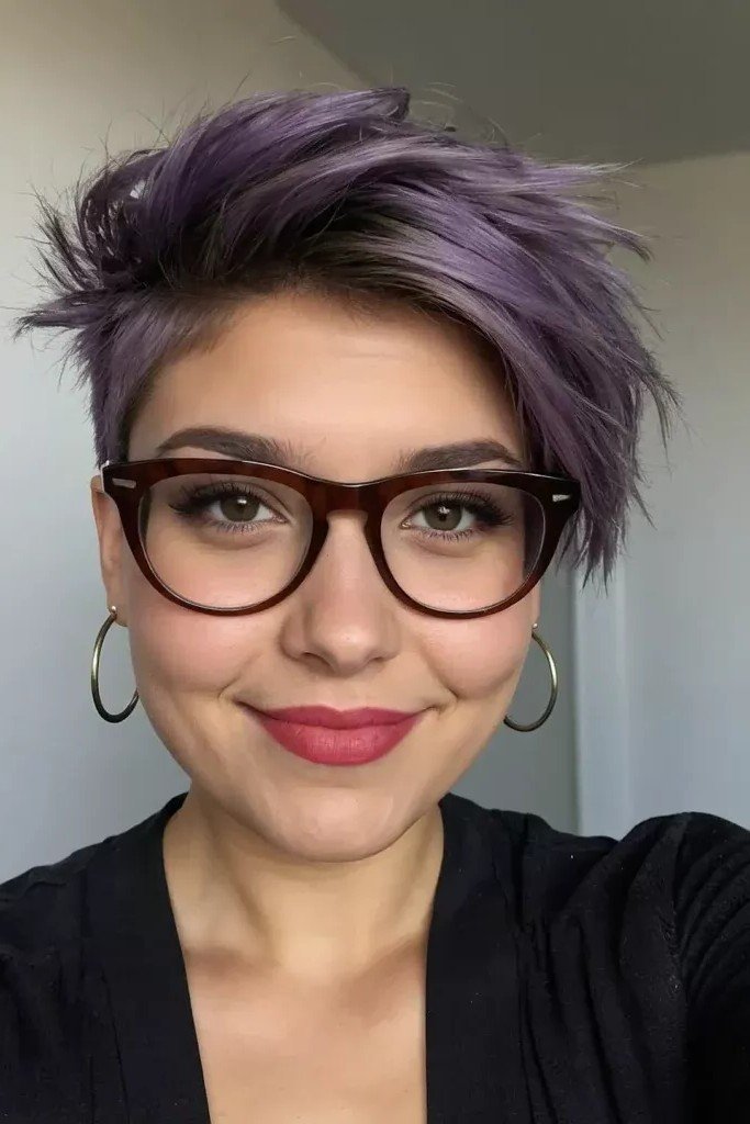 Vibrant Purple Pixie Cut with Side-Swept Volume and Glasses
