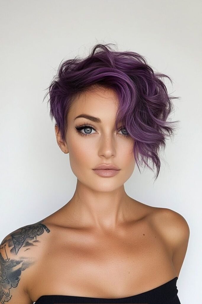 Vibrant Purple Textured Pixie with Voluminous Side-Swept Bangs
