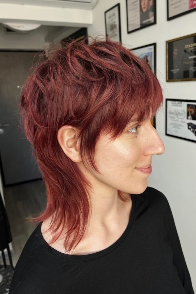 Vibrant Red Shag Haircut with Curtain Fringe
