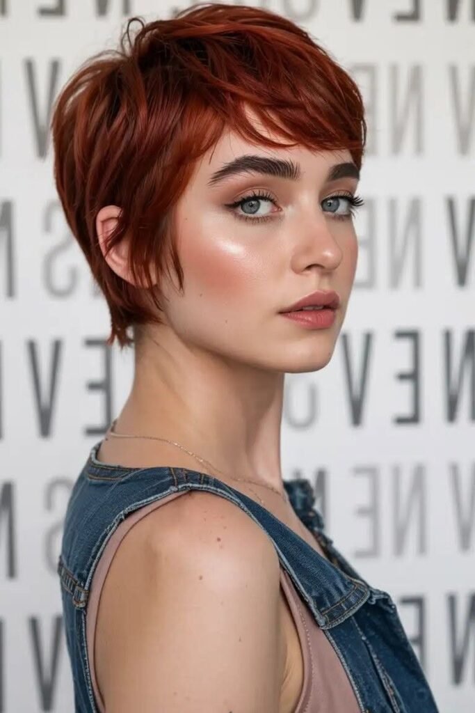 Vibrant Red Shaggy Pixie Cut with Bangs