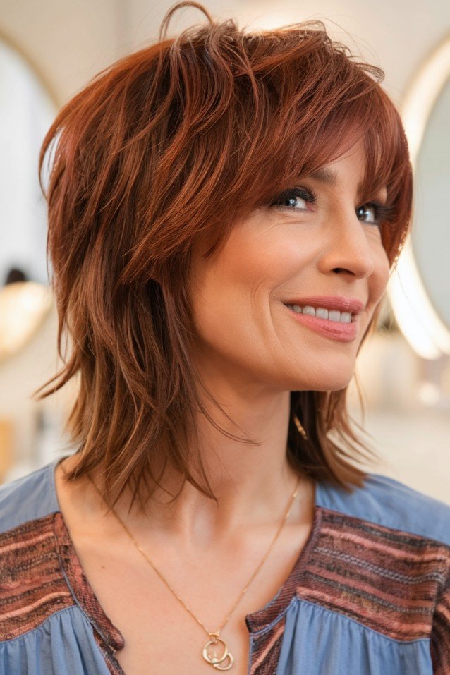 Voluminous Auburn Layered Shag with Soft Bangs