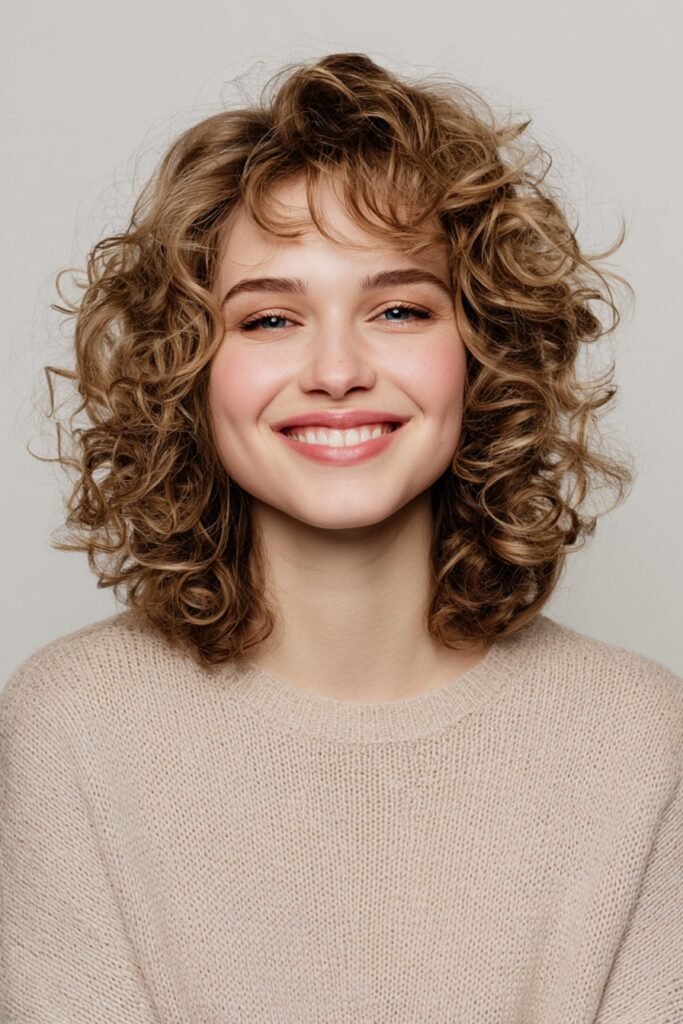 Voluminous Blonde Curly Bob with Soft Bangs