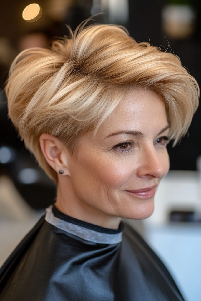 Voluminous Blonde Pixie Cut with Side-Swept Layers