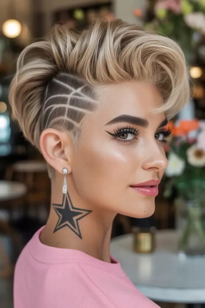Voluminous Blonde Pixie with Geometric Side Designs