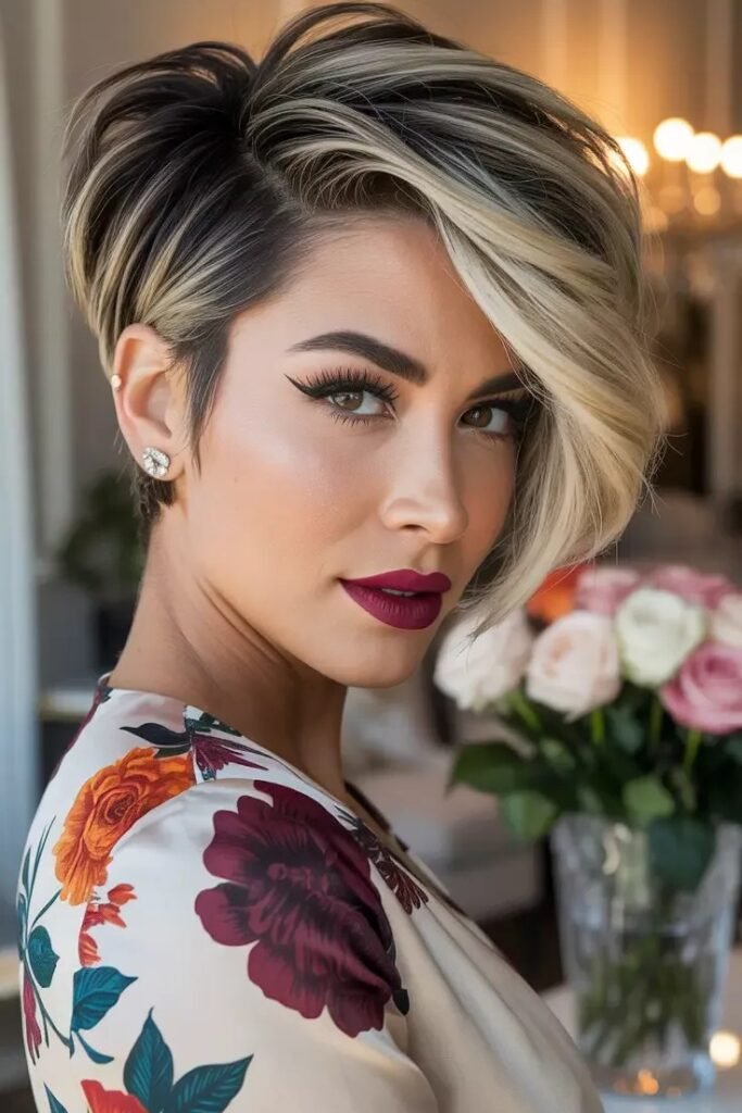 Voluminous Blonde Pixie with Side-Swept Bangs