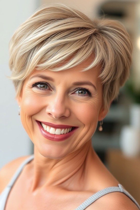 Voluminous Blonde Pixie with Side-Swept Layers