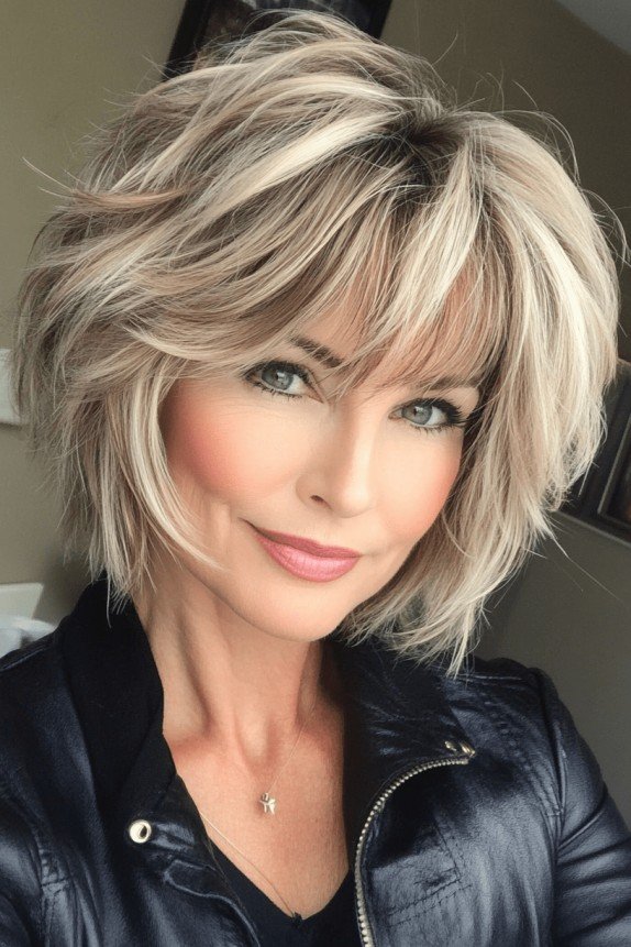 Voluminous Blonde Shag Bob with Sweeping Bangs