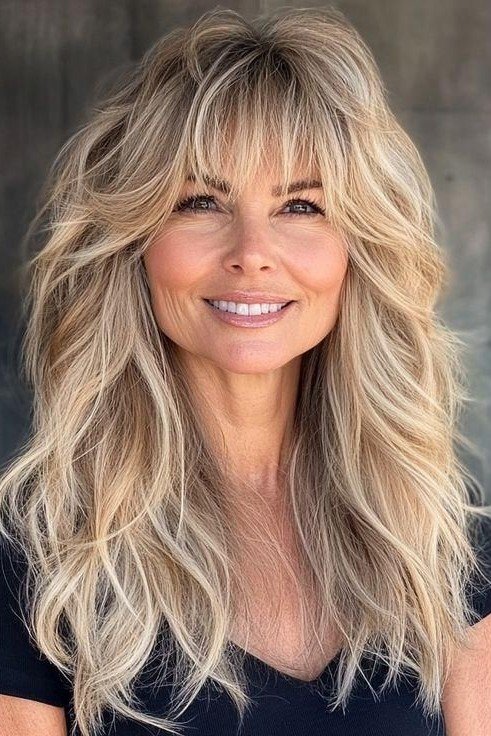 Voluminous Blonde Shag with Feathered Layers and Bangs